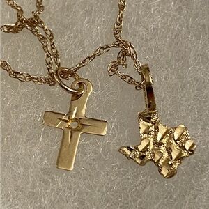 14K Solid Yellow Gold Chain Necklace With Texas And Cross Charms